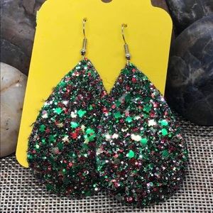 Christmas Glitter Teardrop Faux Leather Earrings